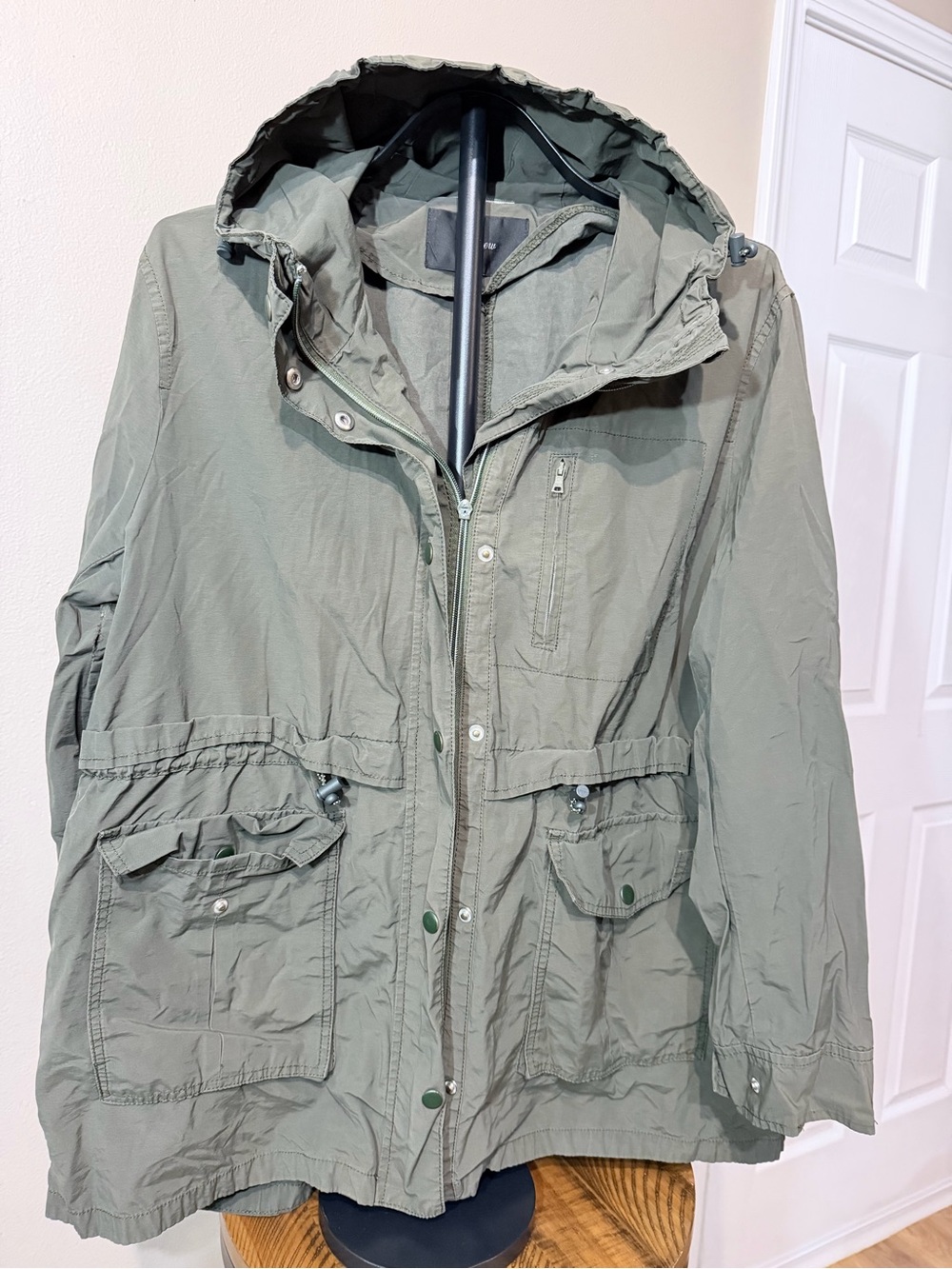 Vintage J.Crew Mens Hooded Parka Jacket Green Size XL Long Zip Button Closure